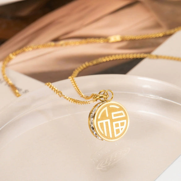 Titanium Steel Doublesided Threedimensional Geometric Pendant Necklace With Zircon And Water Wave Chain Electroplated Simple Style