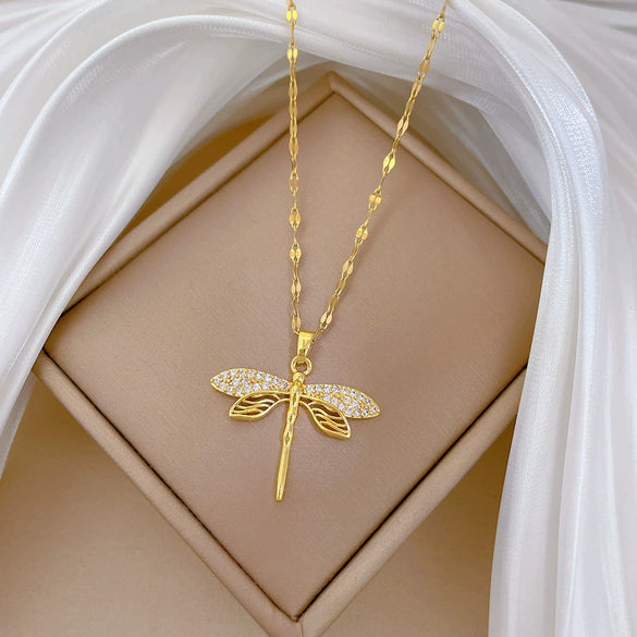 Titanium Steel Dragonfly Inlaid With Real Gold Necklace Geometric Cartoon Style For Women