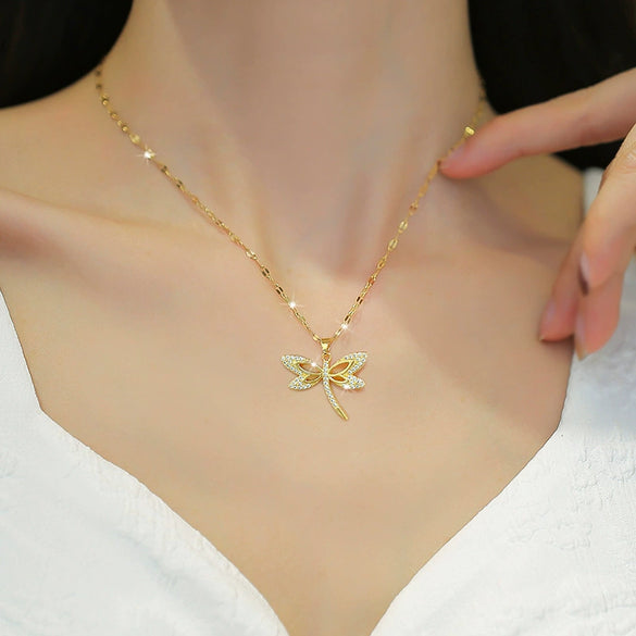 Titanium Steel Dragonfly Microinlaid Real Gold Geometric Women's Necklace With Diamond Treatment