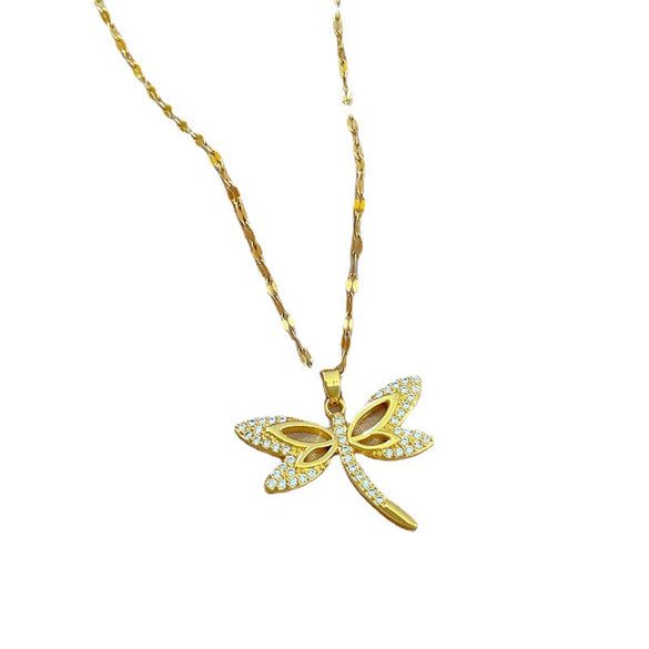Titanium Steel Dragonfly Microinlaid Real Gold Geometric Women's Necklace With Diamond Treatment