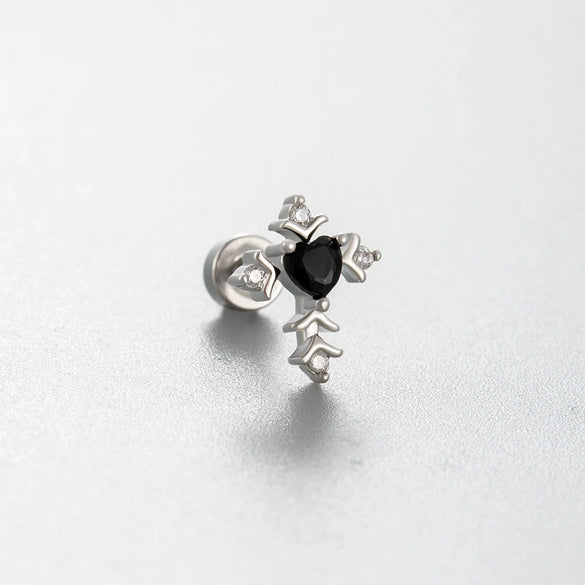 Titanium Steel Ear Nail Vintage Black Love Zircon Inlaid Butterfly Cross Saturn Style For Women
