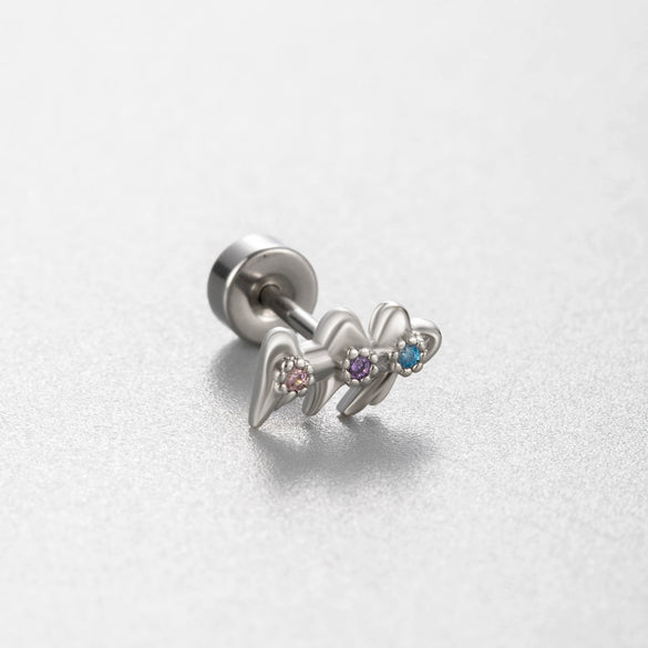 Titanium Steel Ear Nail With Pink Cherry Bow And Inlaid Zircon For Women