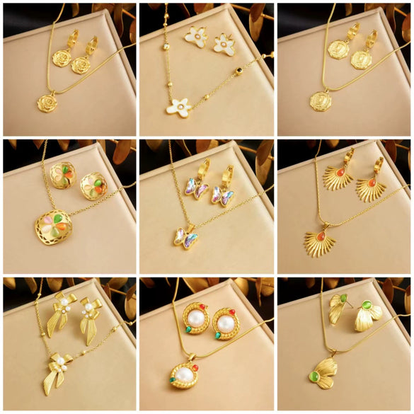 Titanium Steel Earrings And Necklaces Set Sweet Geometric Style Electroplating Treatment Irregular Round Shape For Women