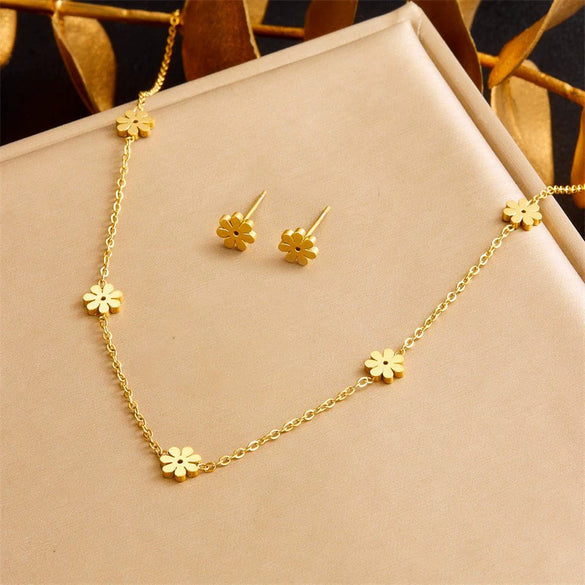 Titanium Steel Earrings And Necklaces Set Sweet Geometric Style Electroplating Treatment Irregular Round Shape For Women