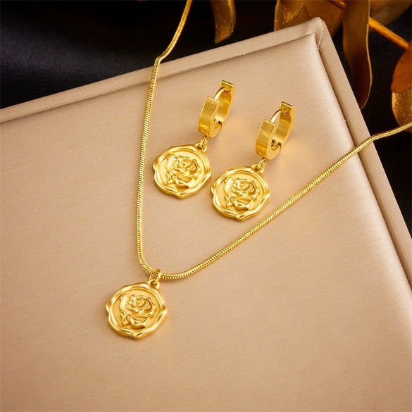 Titanium Steel Earrings And Necklaces Set Sweet Geometric Style Electroplating Treatment Irregular Round Shape For Women