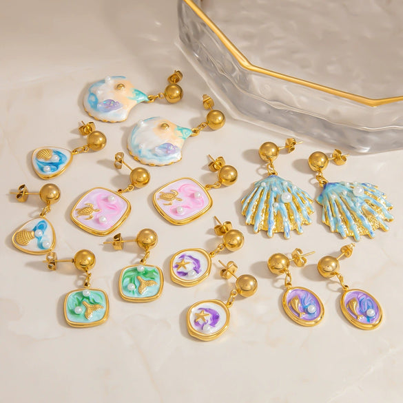Titanium Steel Earrings Marine Series Handmade Shell Colorful Oil Drop Electroplated 18K Gold Colorpreserving