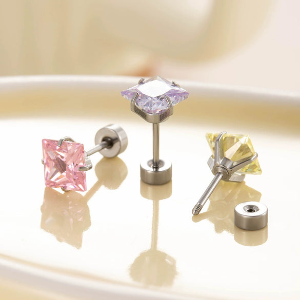 Titanium Steel Earrings With Square Zircon Inlaid Geometric Sweet Girly Style