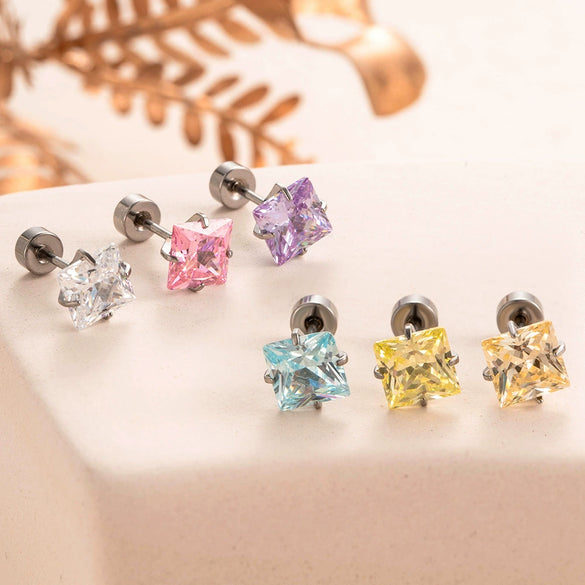 Titanium Steel Earrings With Square Zircon Inlaid Geometric Sweet Girly Style