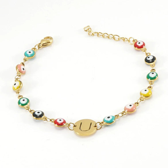 Titanium Steel Electroplated Devil's Eye And Letter Bracelet For Women