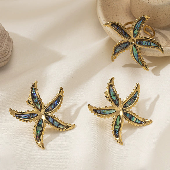 Titanium Steel Electroplated Fivepointed Star Women's Ring And Shell Inlaid Earrings Hand Jewelry