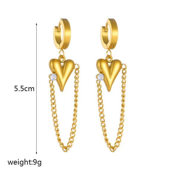 Titanium Steel Electroplated Heart Shape Diamondembedded Pendant Long Chain Women's Earrings