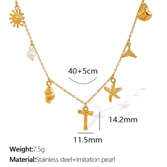 316L Stainless Steel Electroplated 18K Gold Bamboo Conch Sea Star Shell Women's Clavicle Chain Jewelry