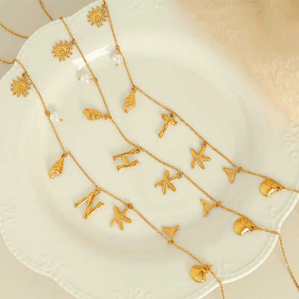316L Stainless Steel Electroplated 18K Gold Bamboo Conch Sea Star Shell Women's Clavicle Chain Jewelry