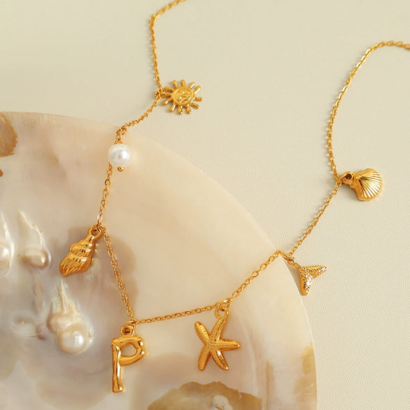316L Stainless Steel Electroplated 18K Gold Bamboo Conch Sea Star Shell Women's Clavicle Chain Jewelry