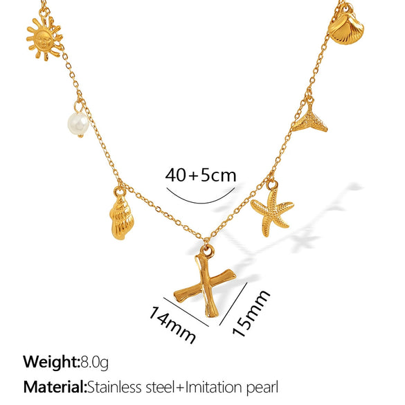 316L Stainless Steel Electroplated 18K Gold Bamboo Conch Sea Star Shell Women's Clavicle Chain Jewelry