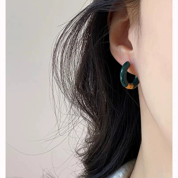 Titanium Steel Electroplated Ushaped Earrings For Women Retro Drop Glaze Dark Green Blue Wine Red