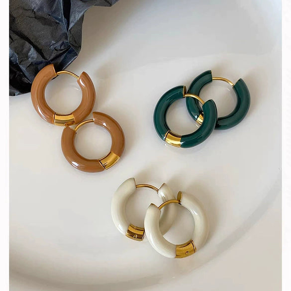 Titanium Steel Electroplated Ushaped Earrings For Women Retro Drop Glaze Dark Green Blue Wine Red