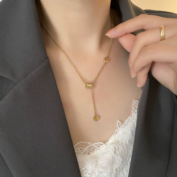 Titanium Steel Elegant Circle Tassel Clavicle Chain Necklace With Electroplating And Geometric Design For Women