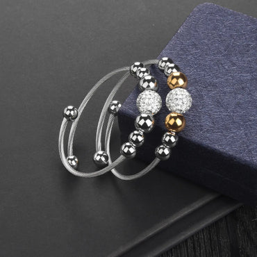 Titanium Steel Elegant Glam Shiny Round Beaded Inlay Zircon Bangle