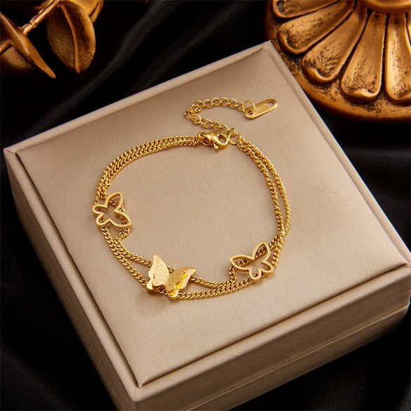 Titanium Steel Elegant Hollowout Doublelayer Threedimensional Butterfly Electroplated Women's Bracelet