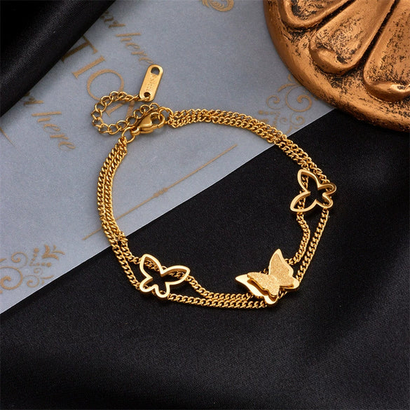 Titanium Steel Elegant Hollowout Doublelayer Threedimensional Butterfly Electroplated Women's Bracelet