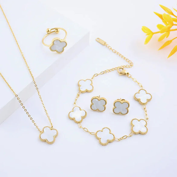 Wholesale Jewelry Elegant Lady Modern Style Four Leaf Clover 304 Stainless Steel Acrylic 18K Gold Plated Jewelry Set
