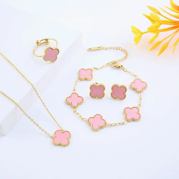 Wholesale Jewelry Elegant Lady Modern Style Four Leaf Clover 304 Stainless Steel Acrylic 18K Gold Plated Jewelry Set