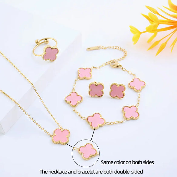 Wholesale Jewelry Elegant Lady Modern Style Four Leaf Clover 304 Stainless Steel Acrylic 18K Gold Plated Jewelry Set
