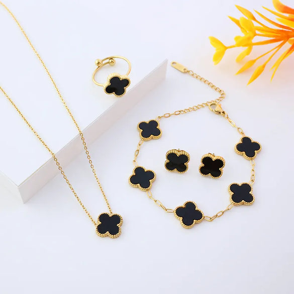 Wholesale Jewelry Elegant Lady Modern Style Four Leaf Clover 304 Stainless Steel Acrylic 18K Gold Plated Jewelry Set
