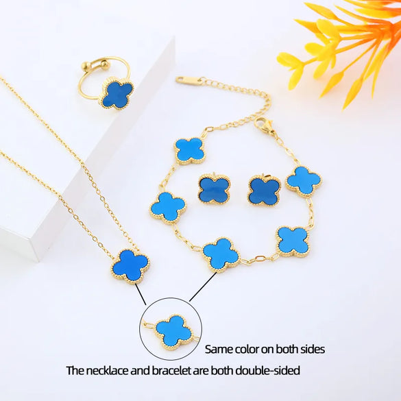 Wholesale Jewelry Elegant Lady Modern Style Four Leaf Clover 304 Stainless Steel Acrylic 18K Gold Plated Jewelry Set