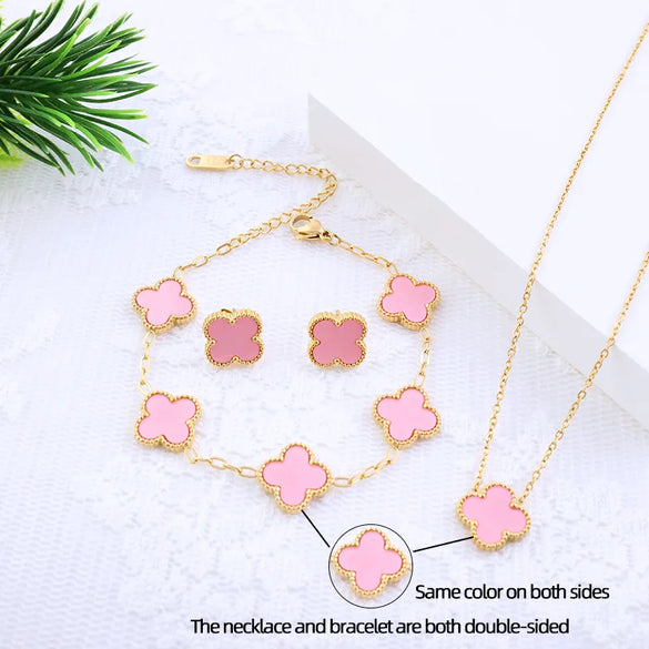 Wholesale Jewelry Elegant Lady Modern Style Four Leaf Clover 304 Stainless Steel Acrylic 18K Gold Plated Jewelry Set