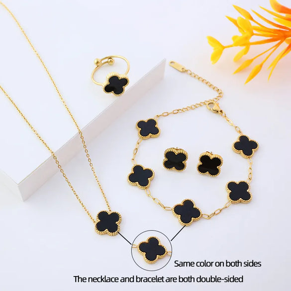 Wholesale Jewelry Elegant Lady Modern Style Four Leaf Clover 304 Stainless Steel Acrylic 18K Gold Plated Jewelry Set