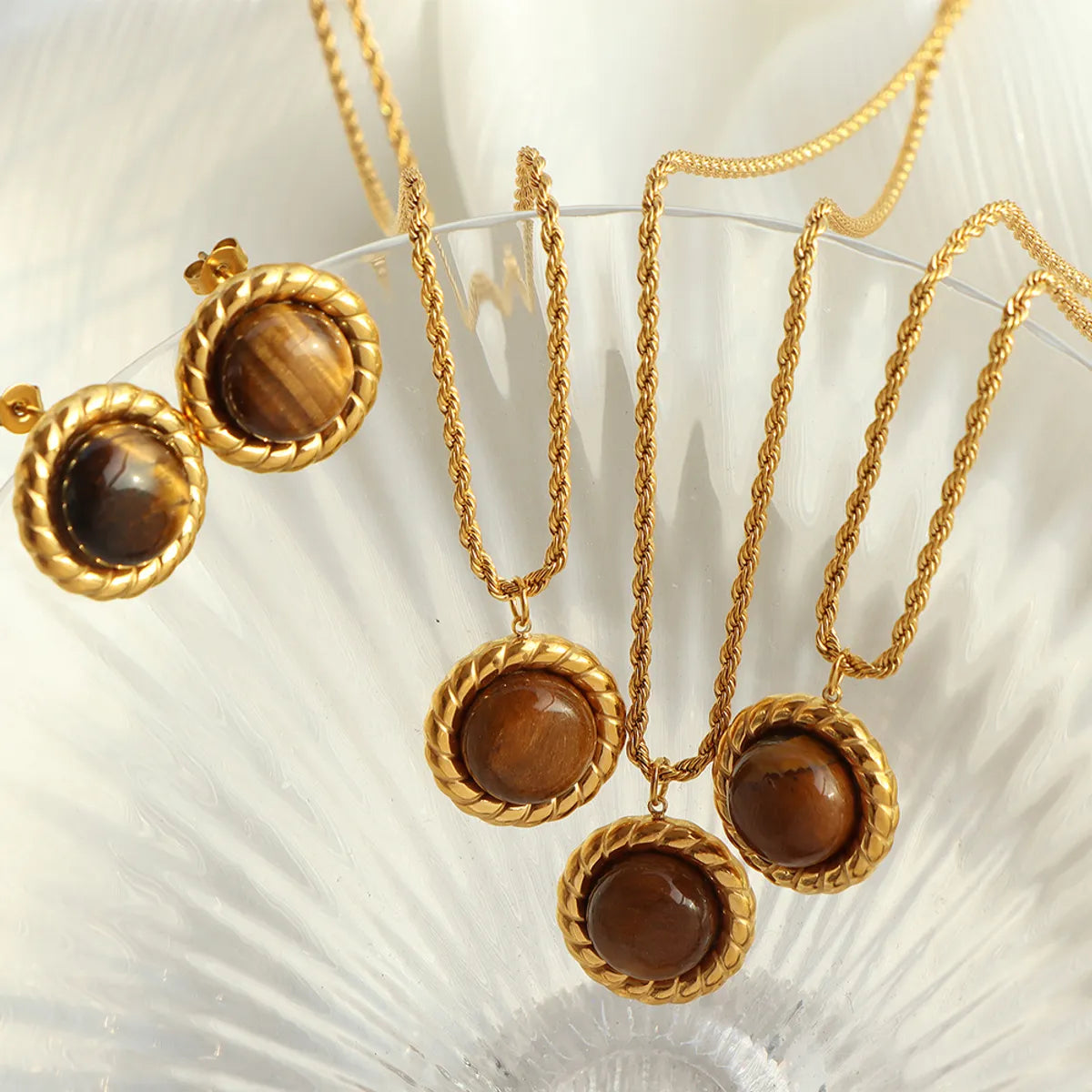 Titanium Steel Elegant Retro Round Plating Inlay Tiger Eye Earrings Necklace