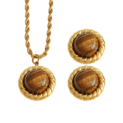 Titanium Steel Elegant Retro Round Plating Inlay Tiger Eye Earrings Necklace