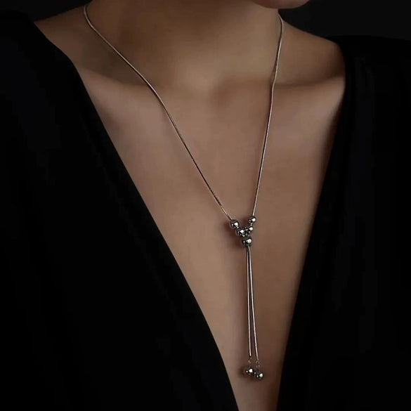 Titanium Steel Elegant Round Ball Tassel Necklace Electroplating Design Snake Bone Chain For Women