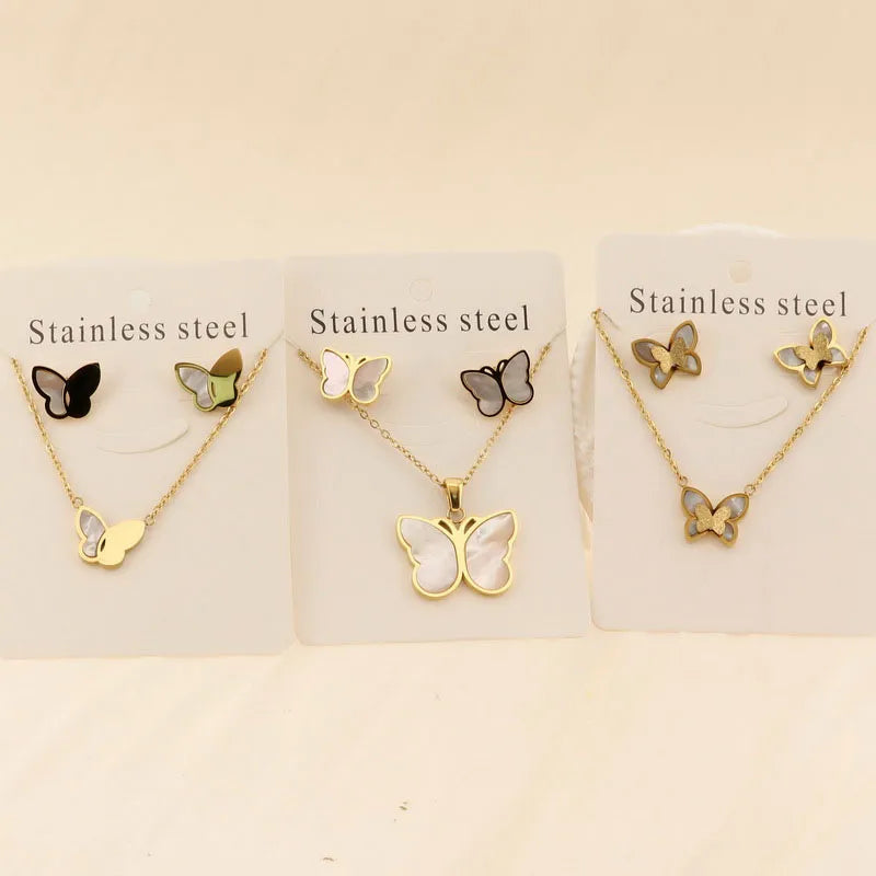 Titanium Steel 18K Gold Plated Elegant Simple Style Butterfly Bow Knot Bracelets Earrings Necklace