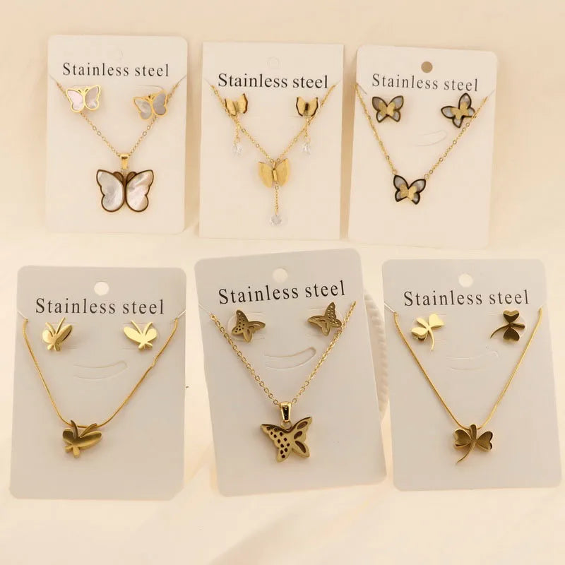 Titanium Steel 18K Gold Plated Elegant Simple Style Butterfly Bow Knot Bracelets Earrings Necklace