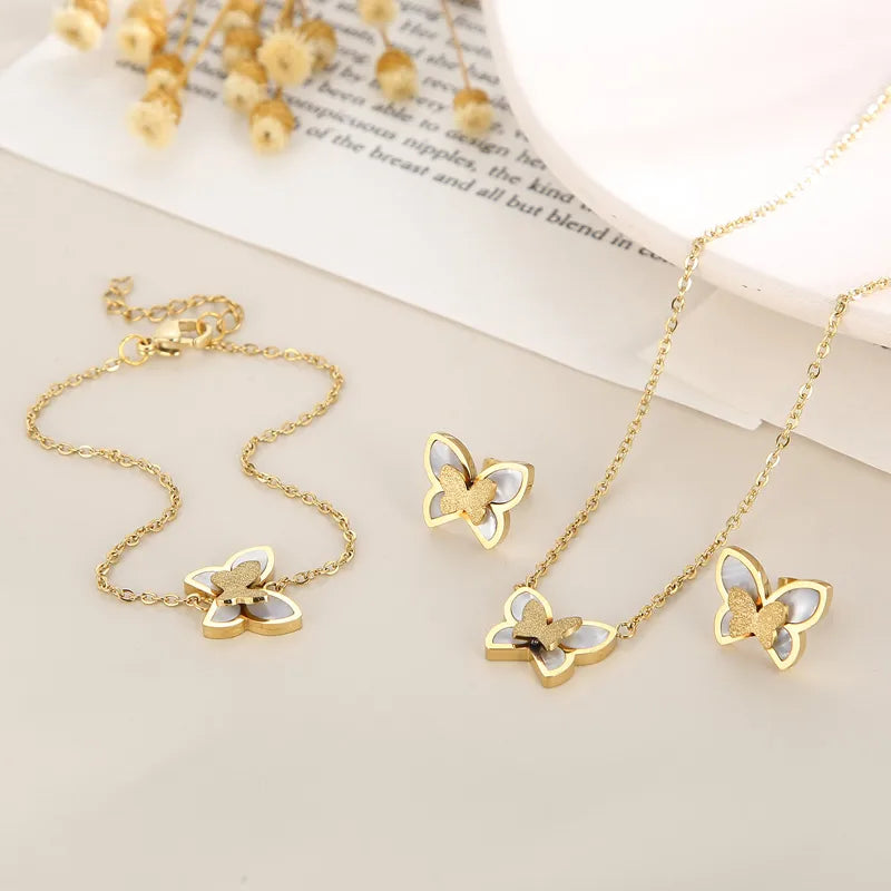 Titanium Steel 18K Gold Plated Elegant Simple Style Butterfly Bow Knot Bracelets Earrings Necklace