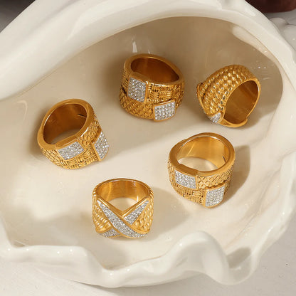 Wholesale Jewelry Elegant Simple Style Cross Titanium Steel Rhinestones 18K Gold Plated Plating Inlay Wide Band Rings