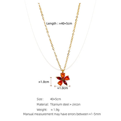 Titanium Steel Elegant Simple Style Leaf Flower Butterfly Zircon Pendant Necklace