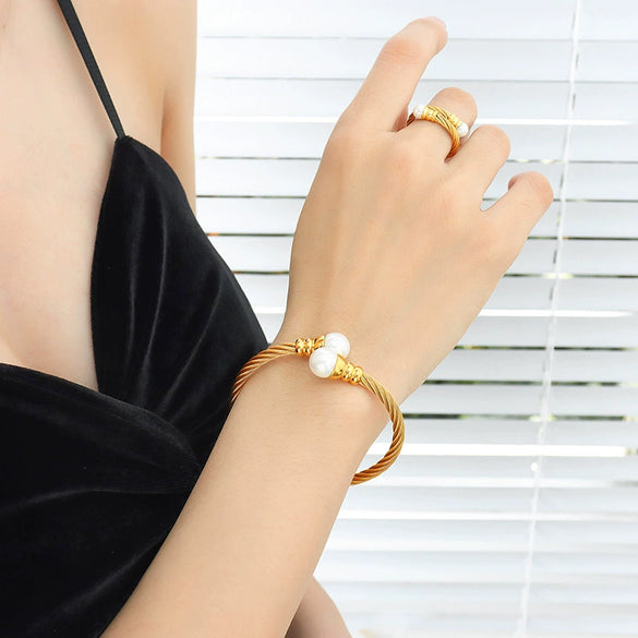 316L Stainless Steel Elegant Style Flexible Tube Color Bead Bracelet And Earrings Set With Electroplating