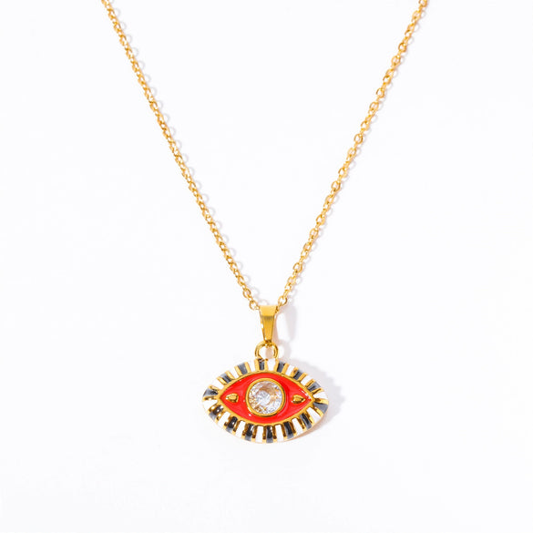 Titanium Steel Evil Eye Pendant Necklace With O Shaped Chain Electroplated