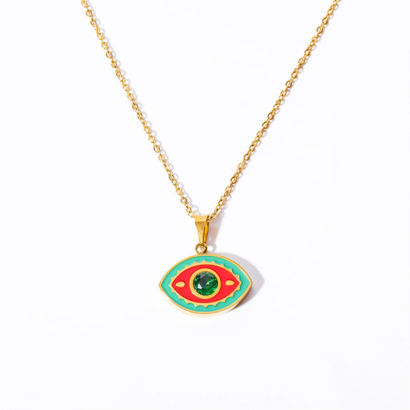 Titanium Steel Evil Eye Pendant Necklace With O Shaped Chain Electroplated