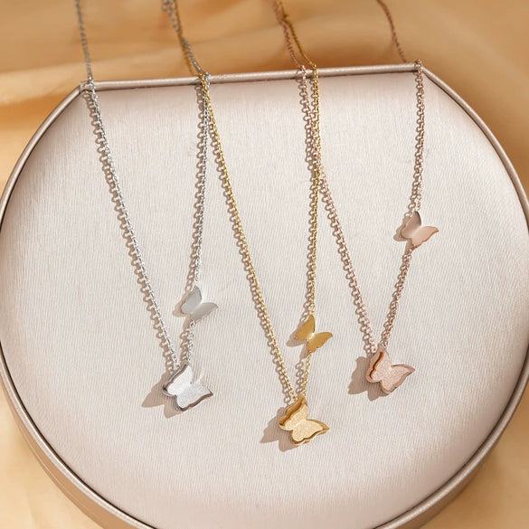 Titanium Steel Fashion Frosted Double Butterfly Pendant Necklace For Women With Vacuum Plating And Cross Chain