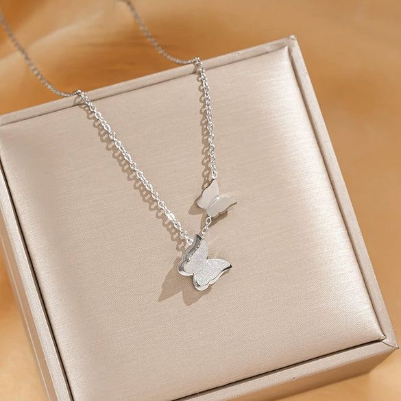 Titanium Steel Fashion Frosted Double Butterfly Pendant Necklace For Women With Vacuum Plating And Cross Chain