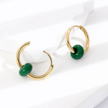 Titanium Steel Fashion Gold Earrings Green Round Earrings