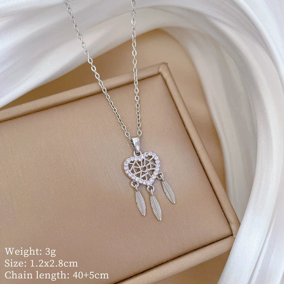 Titanium Steel Feather Dream Mesh Necklace With Microinlaid Real Gold Geometric Design For Women