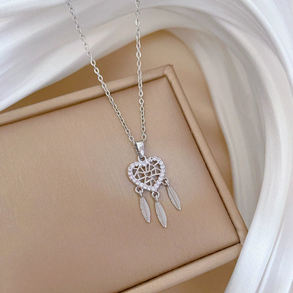 Titanium Steel Feather Dream Mesh Necklace With Microinlaid Real Gold Geometric Design For Women