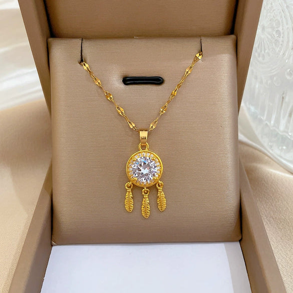Titanium Steel Feather Tassel Zircon Dream Catcher Necklace With Geometric Pattern For Women