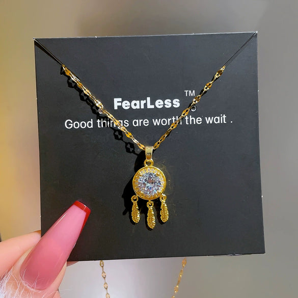 Titanium Steel Feather Tassel Zircon Dream Catcher Necklace With Geometric Pattern For Women